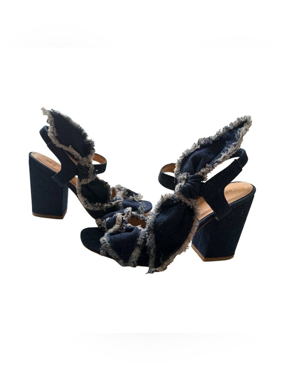 Bill Blass Denim Frayed Block Heel Sandals - Dark Blue - Picture 6 of 9